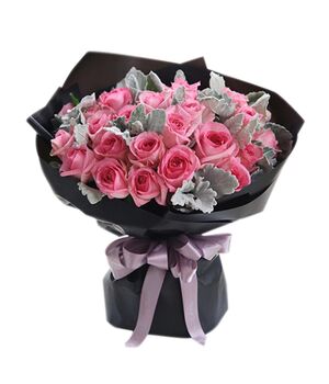 two dozen pink roses in a beautiful bouquet