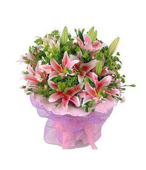 9 pink lilies with green leaves send to vietnam