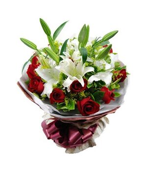 red roses with 2 stems white lilies send to vietnam