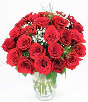 two dozen red roses in glass vase to vietnam