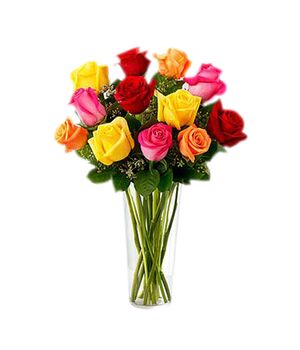 one dozen mixed color roses in vase to vietnam