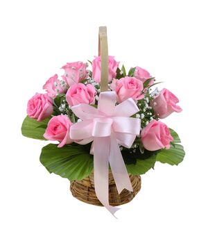 one dozen pink roses with green leaves to vietnam