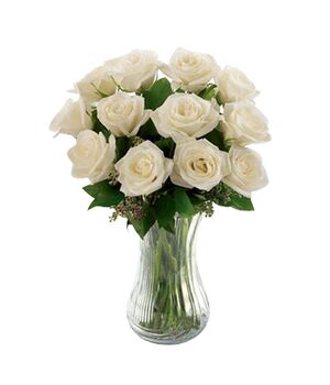 one dozen white roses in glass vase to vietnam