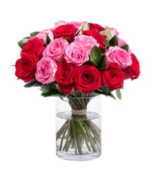 red and pink roses in glass vase to vietnam